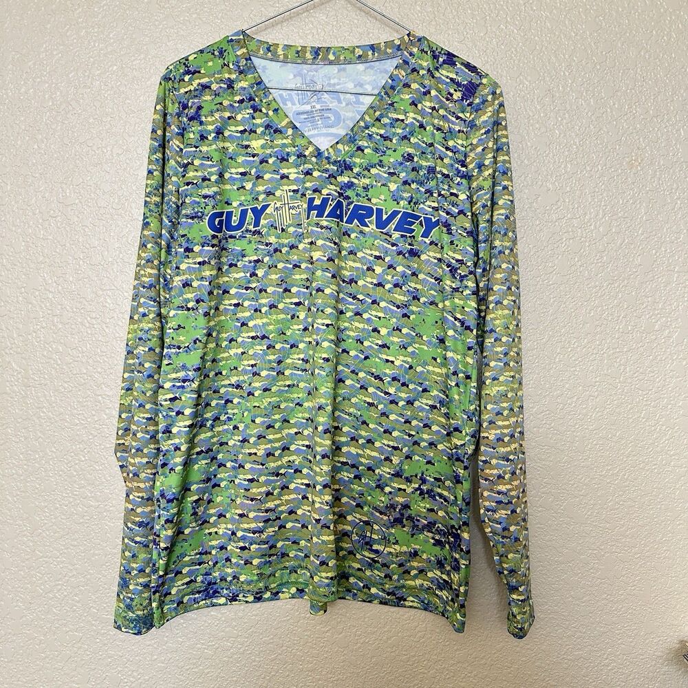 Guy Harvey Performance Long Sleeve Shirt‎ Green Fish Graphic Print XXL Mens